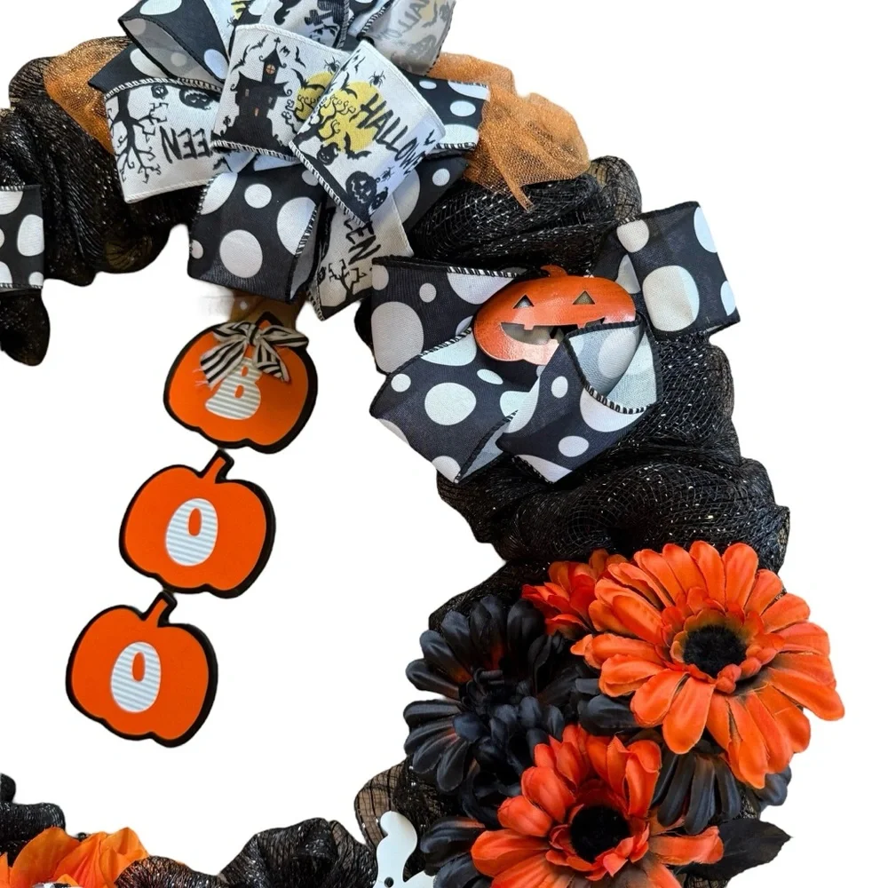 Black Glitter Mesh Halloween Wreath with Orange Flowers Haunted House Ribbon 25